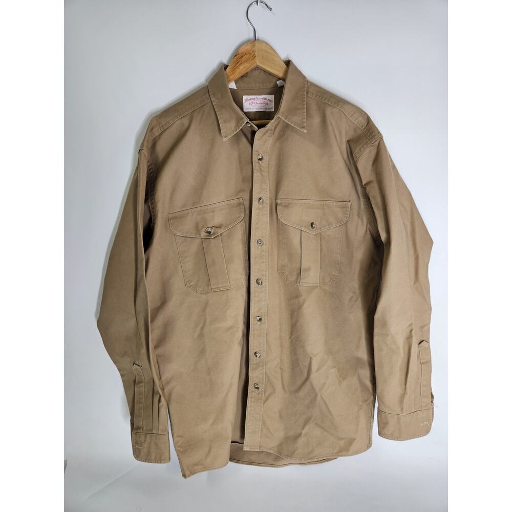 Filson Men Cotton Shirt Beige/Brown Extra Long Size L Made in USA